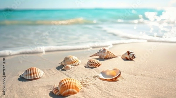 Fototapeta Close-up of seashells on a beach with waves washing over them, showcasing natural coastal beauty and serenity