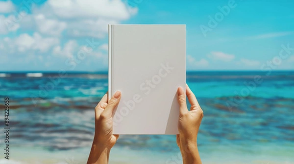 Fototapeta People hands holding a white book mock-up with copy space in front of a beautiful beach , woman read a book on the beach in summer concept image