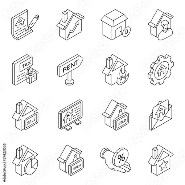 Fototapeta Set of Buildings Linear Icons

