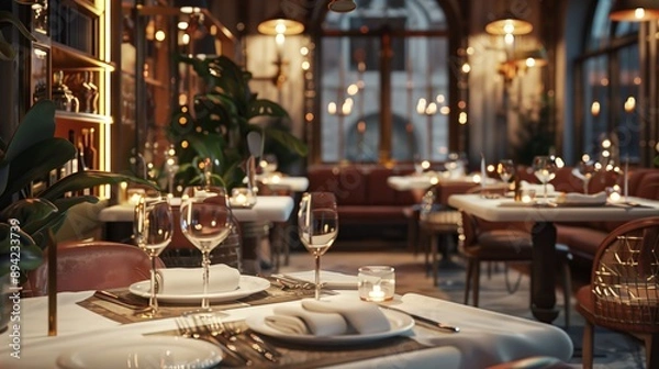 Fototapeta The chic restaurant has elegant tables with polished cutlery, linens, and soft lighting for a warm atmosphere.