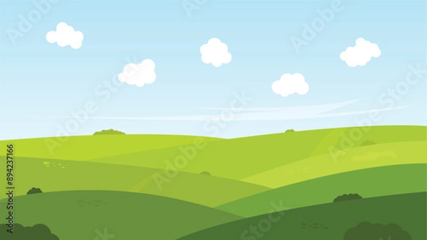 Fototapeta nature landscape scenery cartoon background with green field and blue sky with white fluffy cloud