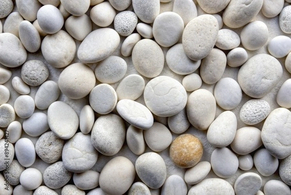 Fototapeta Tightly packed round white stones of various shapes and sizes create a visually striking textured background in this highly detailed and closely captured image.