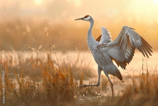 Fototapeta A dynamic shot of a common crane dancing in a marshland during mating season.