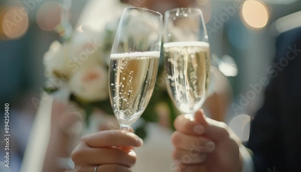 Fototapeta Two flutes of champagne clinking together in a toast at a wedding reception, with the bride and groom smiling in the background