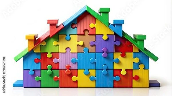 Fototapeta Colorful puzzle pieces form a complete house, symbolizing successful property investment and mortgage management, with a sense of stability and smart financial planning.
