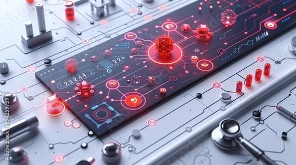 Fototapeta Advanced technology in healthcare with abstract medical devices and biotechnology. Minimalist UI in a flat illustration style on a white background with bright Color scheme, dribble, flat