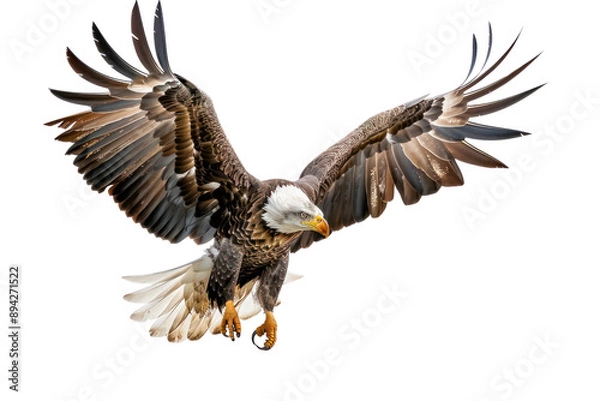 Fototapeta A majestic golden eagle soars through the clouds with its wings spread. Isolated on white background.