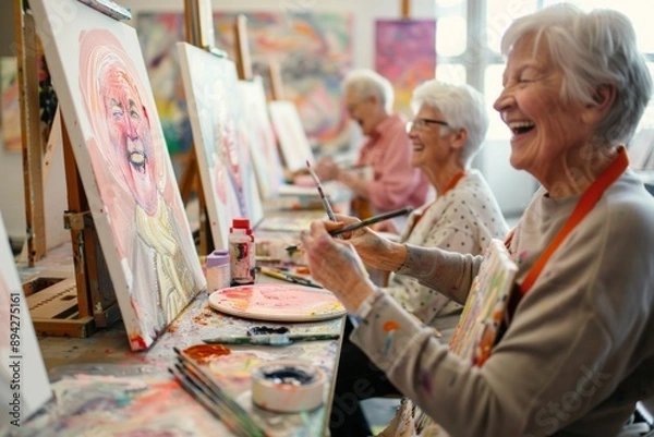 Fototapeta Seniors engaging in a lively painting class, a group of elderly people of European descent creating artwork on canvases. senior creativity, art therapy, painting workshop, elderly engagement, Concept: