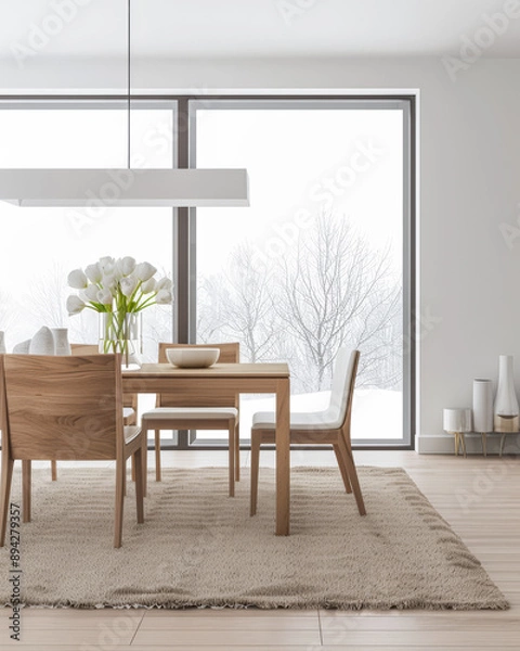 Fototapeta Dining room interiors with a dinning table next to a large window in neutral colors. Residential interiors design composition, home decor image.