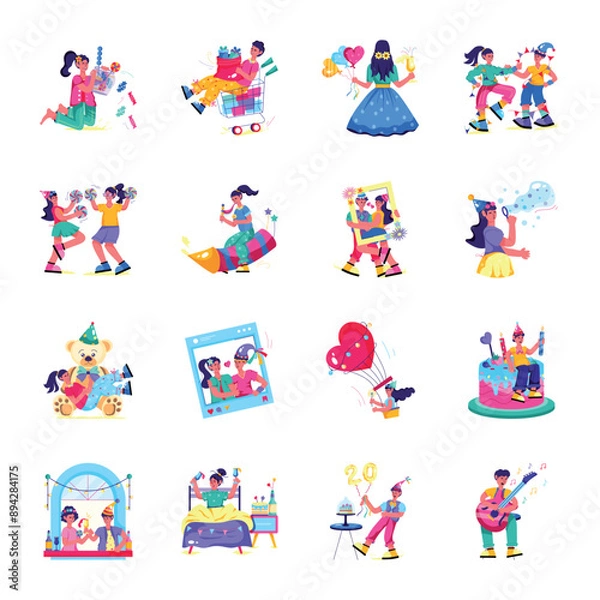 Fototapeta Pack of Birthday Party Flat Illustrations 

