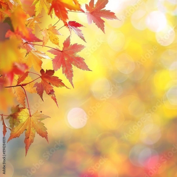 Fototapeta Design a fall web banner with red and yellow maple leaves and a soft focus light and bokeh background for end-of-year activities.