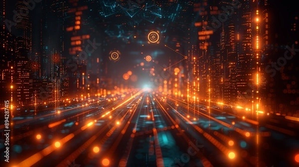 Obraz Abstract industrial landscape with glowing tech symbols and dynamic digital lines representing scientific advancements. , Minimalism,