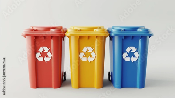 Fototapeta Green rubbish bin on yellow background. A new unbox green large bin isolated on white background. A picture of a large green rubbish bin with wheels.	