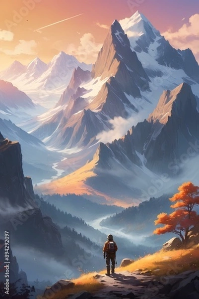 Fototapeta Breathtaking Mountain Landscape - Adventurer Standing at Sunset Overlooking Majestic Peaks and River Valley - Stunning Nature Art - Perfect Wall Decor for Nature Lovers and Outdoor Enthusiasts