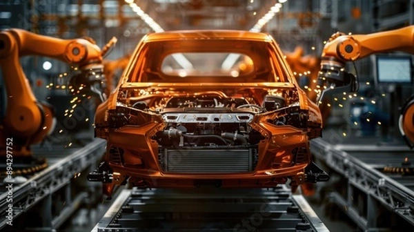 Fototapeta A car is being built in a factory with a lot of machinery