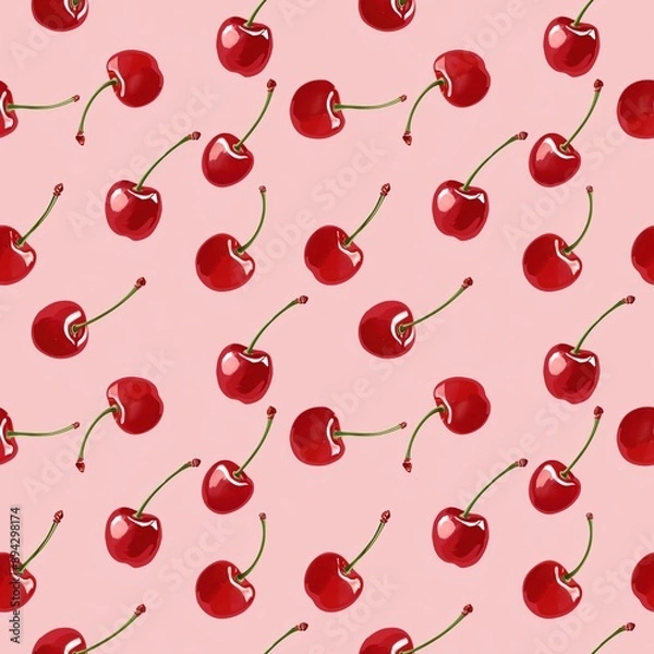 Fototapeta Seamless cherry pattern on pink background, bright and juicy illustration, simple and cute design with high detail
