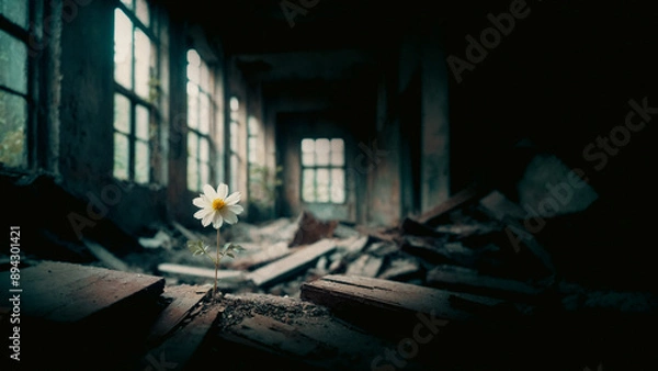 Fototapeta 廃墟の荒れた室内に咲く白い花