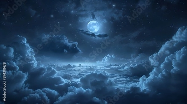 Fototapeta A serene night sky filled with stars and a bright moon illuminating fluffy clouds in a deep blue atmosphere.