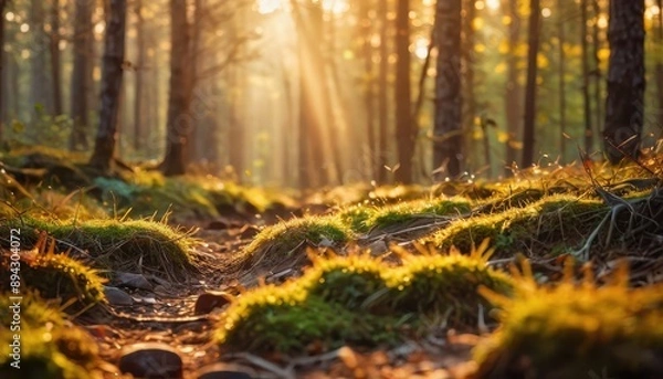 Fototapeta Sunlight Filtering Through Trees in a Forest