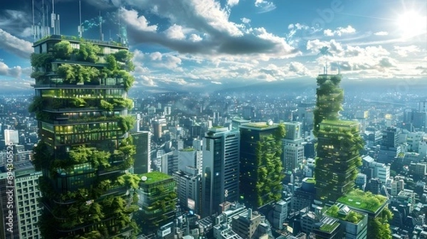 Obraz Futuristic Eco-Friendly Cityscape with Vertical Gardens and Green Buildings