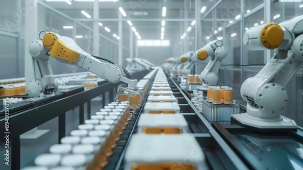Fototapeta production line equipped with robots that handle packaging and labeling of products, ensuring consistency