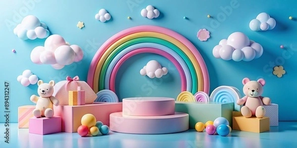 Fototapeta Colorful pink podium display showcases baby kid products against a vibrant blue background adorned with rainbow, fluffy clouds, and toys, evoking a sense of wonder and excitement.