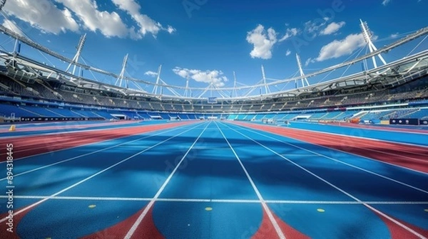 Fototapeta Blue and red track in Olympic stadium with spectator seating