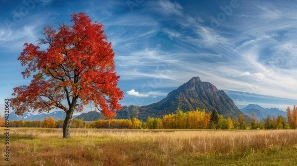 Fototapeta Panoramic autumn landscape with a tree in full fall colors and a mountain in the background