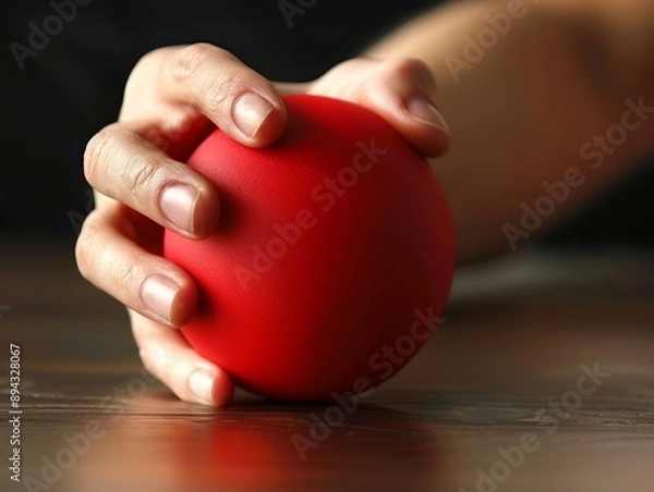 Obraz Close-up of a hand squeezing a bright red stress ball for tension relief. Relaxation, therapy, stress management.