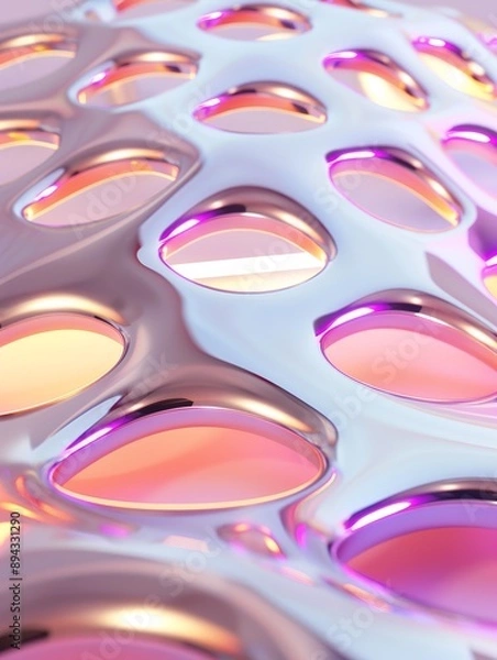 Obraz A 3D model showcasing complex metallic patterns with a futuristic design, illuminated by neon lights