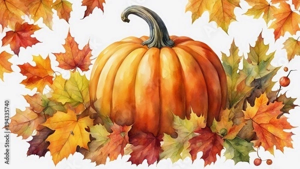 Fototapeta A watercolor single large pumpkin in the center surrounded by a variety of colorful autumn leaves, isolated on white background