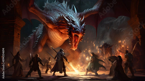 Obraz Epic Confrontation in Ancient Dungeon: Adventurers Battle a Dragon in a DnD Game Illustration