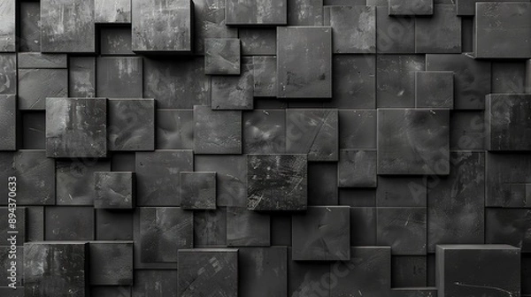 Obraz Abstract geometric dark black anthracite gray grey 3d texture concrete cement wall with squares and square cubes background banner, textured wallpaper 
