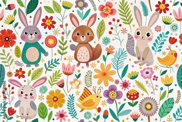 Fototapeta Whimsical vector illustration of cartoon animals, including rabbits, squirrels, and birds, amidst colorful flowers, leaves, and playful elements on a white background.