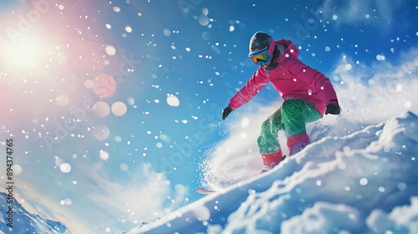 Fototapeta Snowboarder in vibrant gear gliding down a snowy mountain slope under a clear blue sky, capturing the thrill of winter sports.