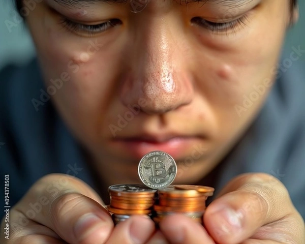 Fototapeta Personal Bankruptcy A person holding their last coin, with a distressed expression Use a plain background and provide space for text