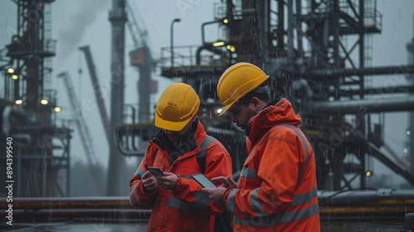 Fototapeta Two construction workers wearing yellow safety helmets and orange work , looking at data on their phones in front of an industrial scene during rain with a gray sky. 