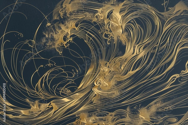 Obraz intricate gold and black abstract wave patterns with detailed line work and swirling designs in a luxurious style