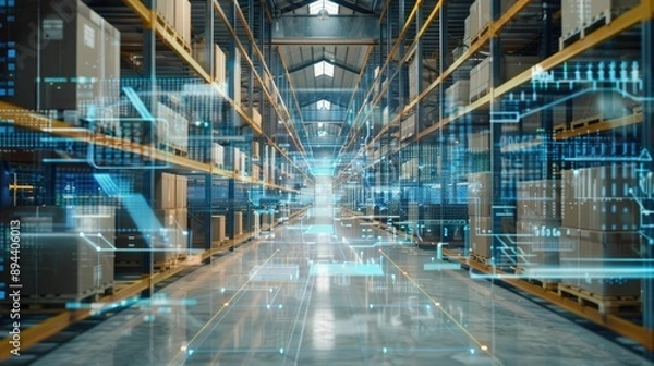 Fototapeta Interior of a futuristic warehouse with digital inventory displays