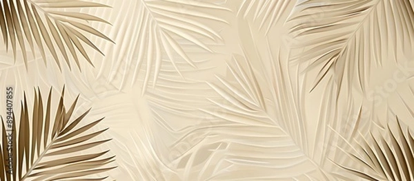 Fototapeta A seamless pattern with delicate white lines, creating an elegant outline of palm leaves on a pale beige background. Their gentle curves add movement and fluidity to the design. Artwork, a digital ill