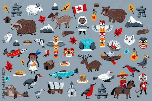 Fototapeta Canada vector travel symbols set. Collection of national canadian icons. Set of design elements in a hand-drawn style. Tourism. Children's doodle illustration for concept art 