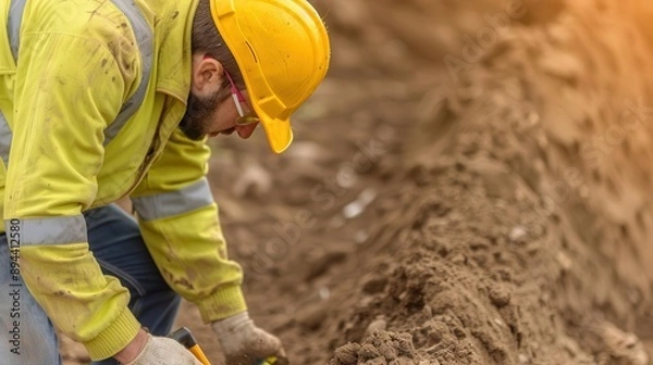 Obraz Engineer performing soil testing at a construction site, onsite survey, geotechnical engineering