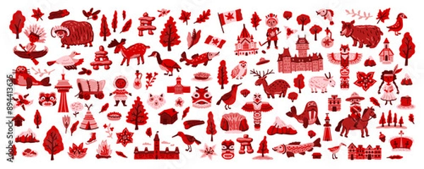 Fototapeta Canada vector travel symbols set. Collection of national canadian icons. Set of design elements in a hand-drawn style. Tourism. Children's doodle illustration for concept art 
