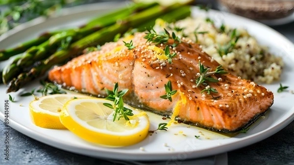 Fototapeta Salmon baked with lemon and herbs served image