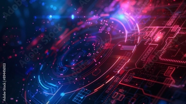 Fototapeta Abstract digital interface with glowing red and blue cyber elements, depicting a futuristic tech theme.