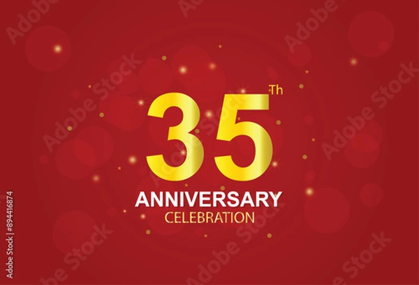 Obraz 35th anniversary logo with golden ring, confetti and red ribbon isolated on elegant black background, sparkle, vector design for greeting card and invitation card
