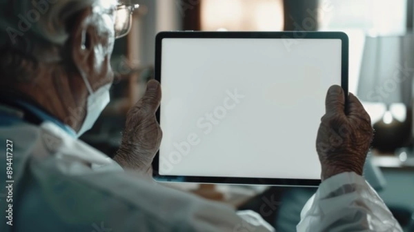 Fototapeta Medical study, operation planning, and hospital medication schedule with doctor, hands, tablet, and blank mockup screen. Woman, healthcare worker, or techie in digital service or consulting