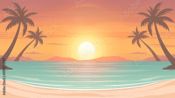 Fototapeta Exotic beach landscape with palm trees arching over clear waves, and a radiant sun in the background