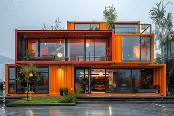 Fototapeta a modern modular home constructed from shipping containers, mobile, house, captivating, Shipping Container Tiny Home, steel containers, supreme quality, superior lighting