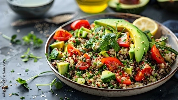 Fototapeta Quinoa salad with vegetables and herbs served